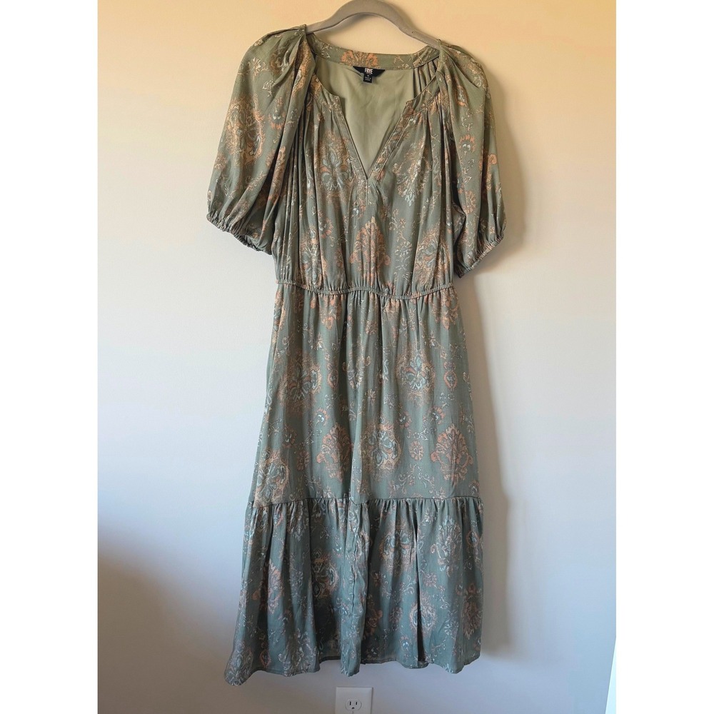 Frye Women Sage Green Damask Floral Puff Sleeve Tiered Midi‎ Dress Size M